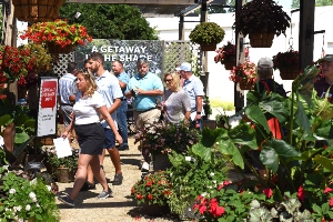 People attending an outdoor event under a pergola